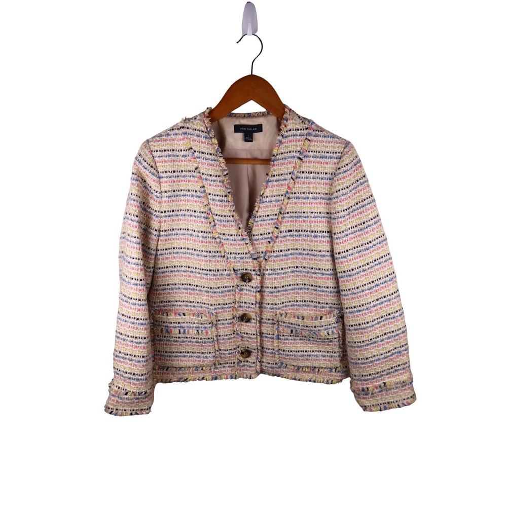 Ann Taylor Multi Color Pastel Tweed Fringed Blazer Jacket Size 6 Excellent